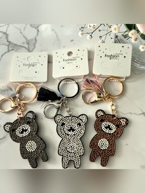 Set Of 3 Rhinestone Teddy Bear Bag Charm Keychain  Trio - Black, Silver, Bronze